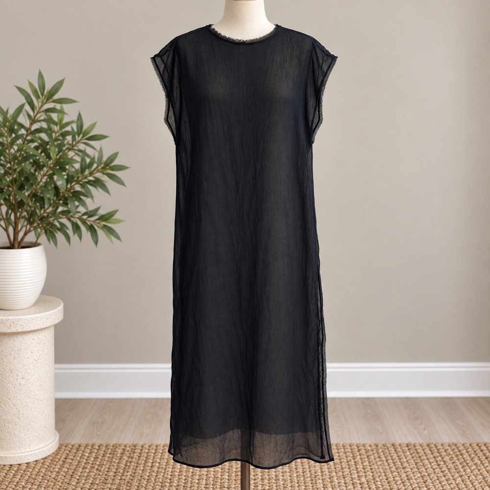 Zara Midi Dress Black Sheer Crinkle Raw Hem Sleeveless Sz S Goth Witchy Emo